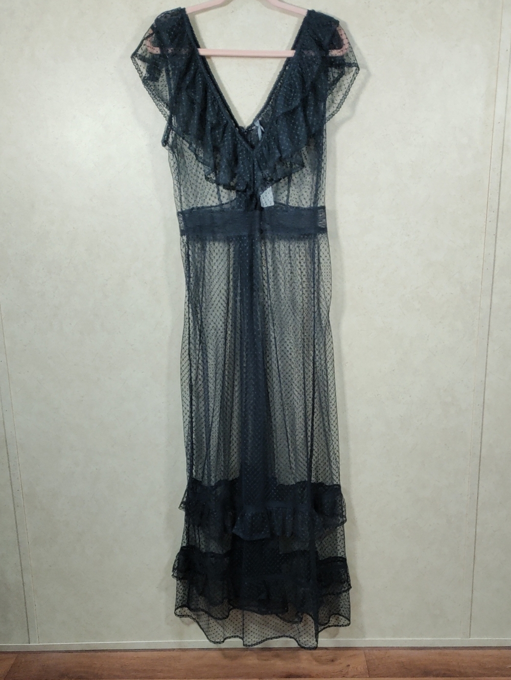 I185 Anthropologie Ruffle Sheet Mesh Black Neglige XL NWT